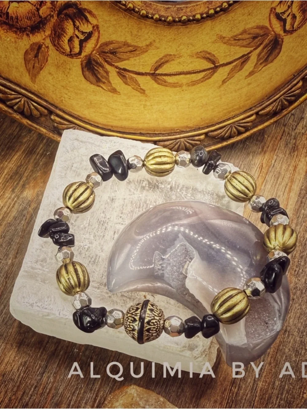 MONUMENTAL + Dainty gold + BLACK ONYX + glass bracelet stack